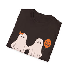 Couple Ghosts Halloween T-Shirt | Cute Ghost Costume Tee with Pumpkin Balloon - Dark Brown