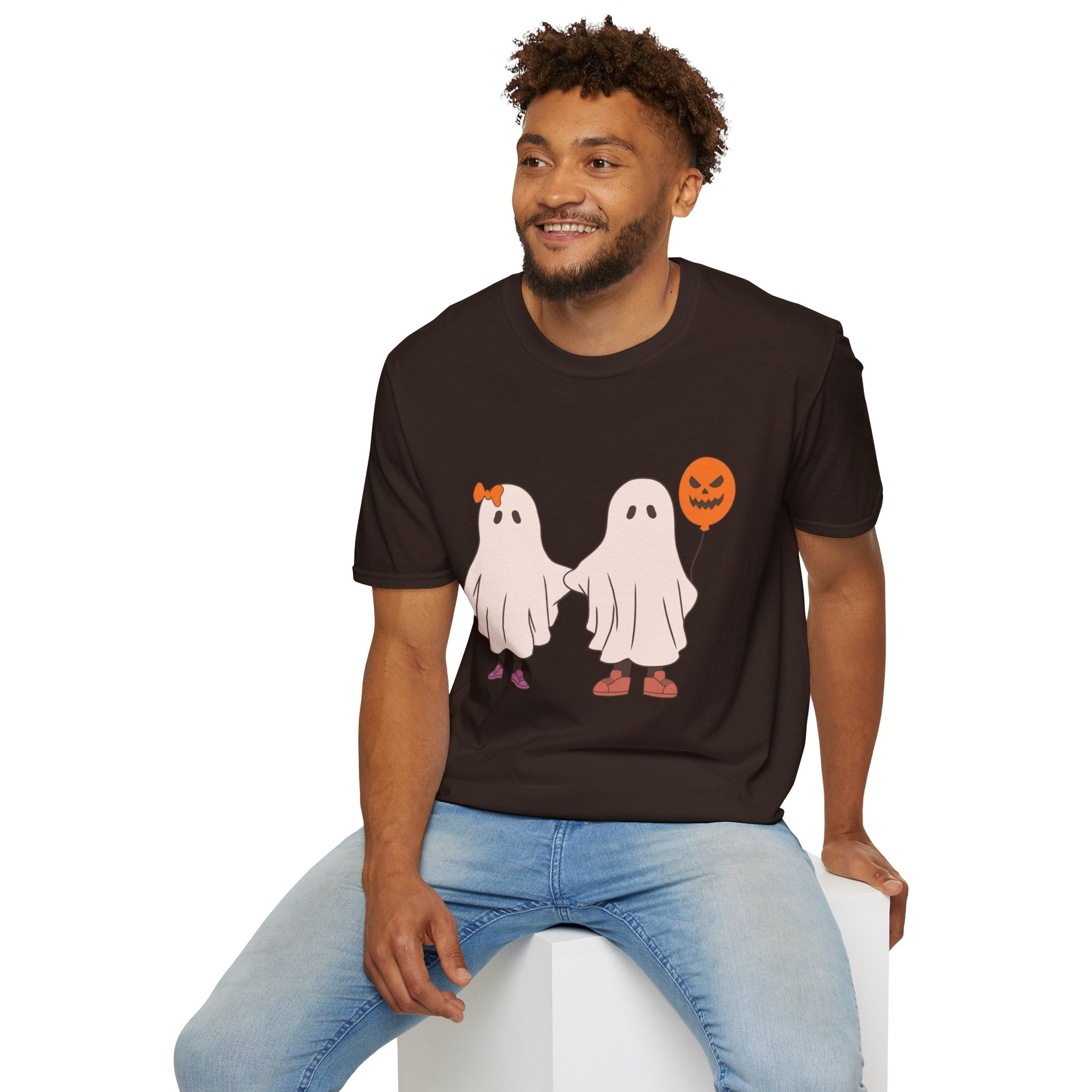 Couple Ghosts Halloween T-Shirt | Cute Ghost Costume Tee with Pumpkin Balloon - Dark Brown