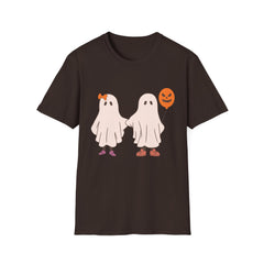 Couple Ghosts Halloween T-Shirt | Cute Ghost Costume Tee with Pumpkin Balloon - Dark Brown