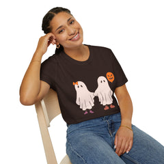 Couple Ghosts Halloween T-Shirt | Cute Ghost Costume Tee with Pumpkin Balloon - Dark Brown