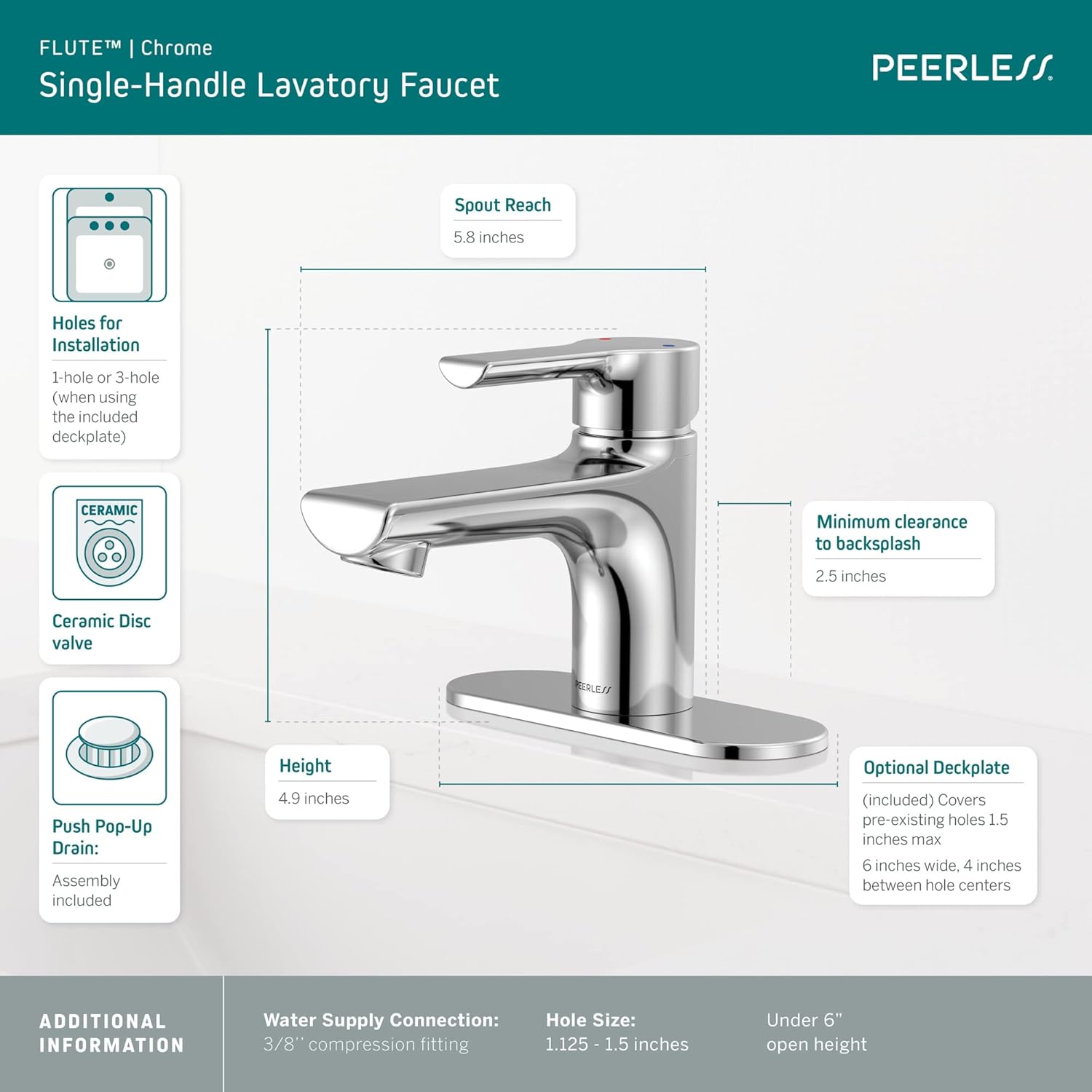 Peerless Flute Single Hole Bathroom Faucet, Single Handle Bathroom Faucet Chrome, Bathroom Sink Faucet, 0.5 GPM Flow Rate, Metal Drain Assembly, Chrome P1512LF-M-0.5