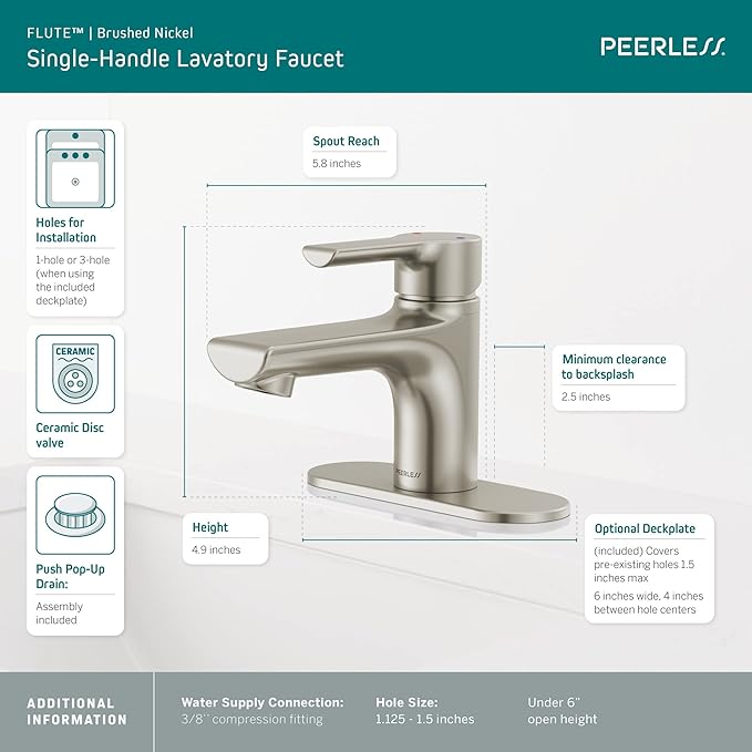 Peerless P1512LF-BN Flute Bathroom Faucet, 1.0 GPM Flow Rate, Brushed Nickel