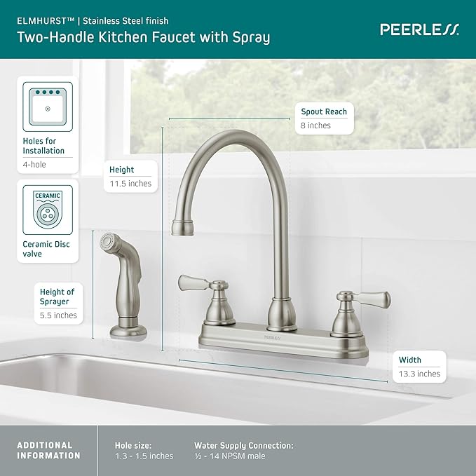 Peerless P2865LF-SS Elmhurst Two-Handle Kitchen Faucet with Spray Deck-Mount, Stainless